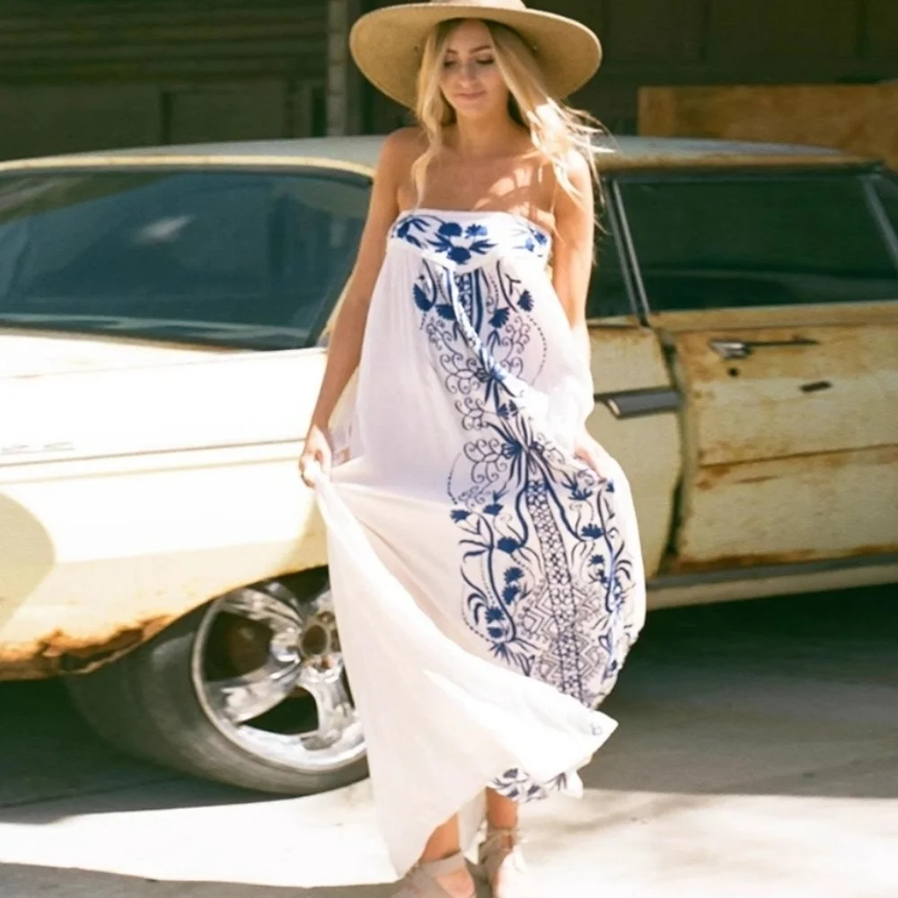 Chic White and Blue Strapless Maxi Dress - Picture 15 of 16